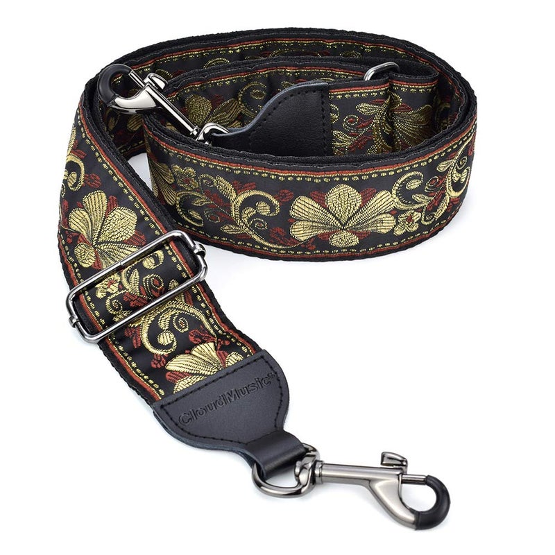 CLOUDMUSIC Banjo Strap Guitar Strap For Handbag Purse Jacquard Metallic Thread Pattern With Leather Ends And Metal Clips(Vintage Glittering Petal) - Image 1